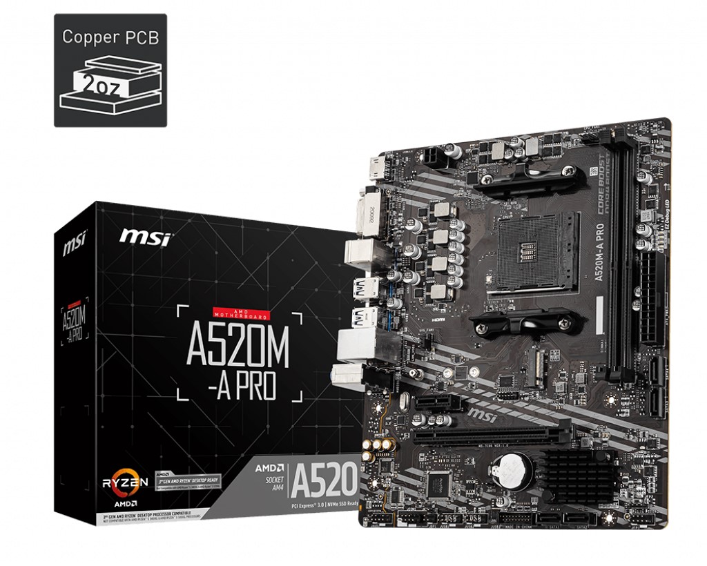 MSI MB A520M-A PRO AM4 DDR4 4600(OC) DVI HDMI M.2 USB3.2 MATX