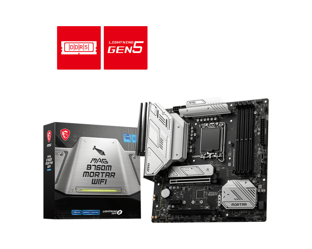 MSI MAG B760M MORTAR WIFI SOKET 1700 DDR5 7000(OC) PCI-E GEN5 M.2 USB3.2 HDMIDP 1X 2.5G LAN WI-FI 6E MATX