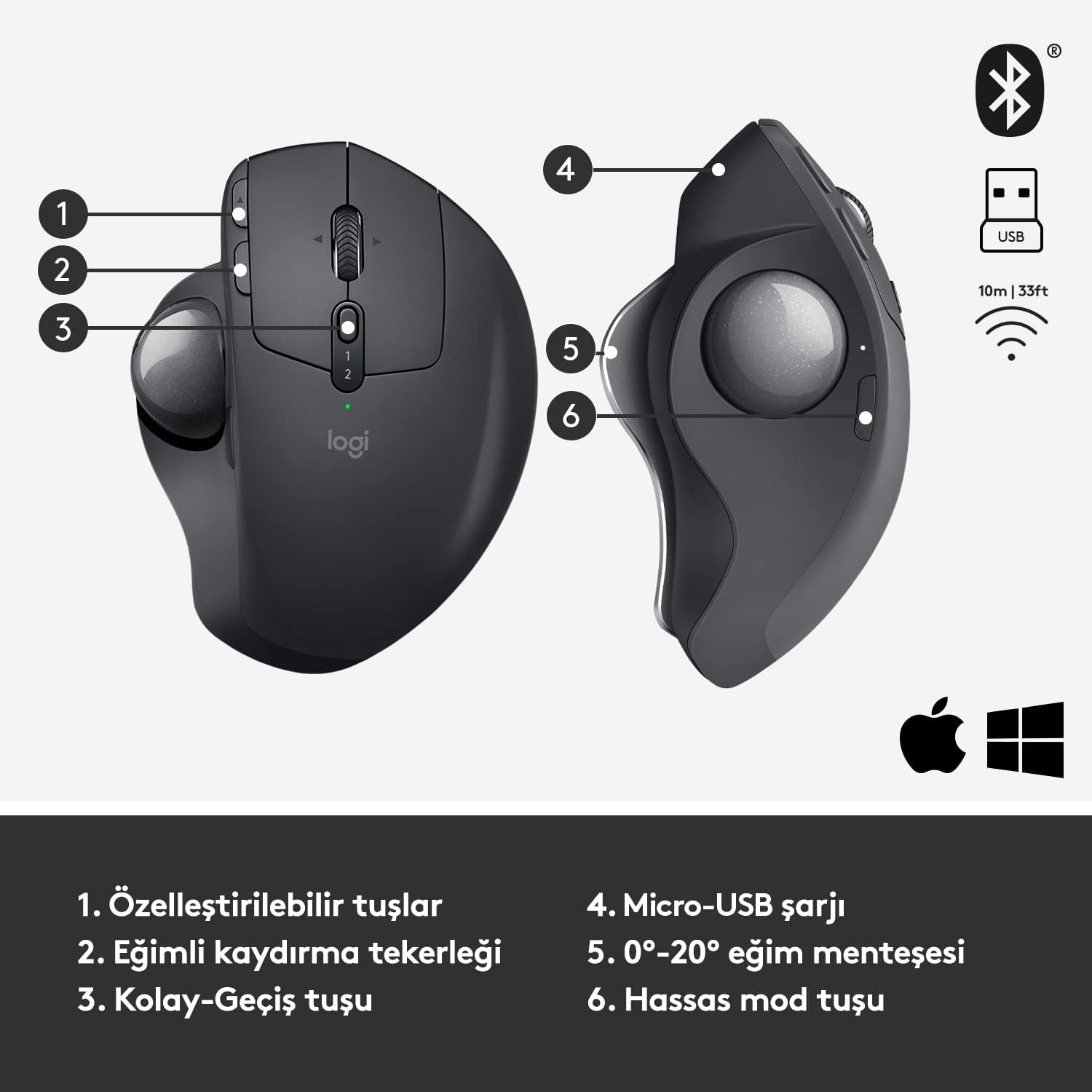 LOGITECH MX ERGO S GELİŞMİŞ KABLOSUZ TRACKBALL MOUSE-GRAFIT 910-007260