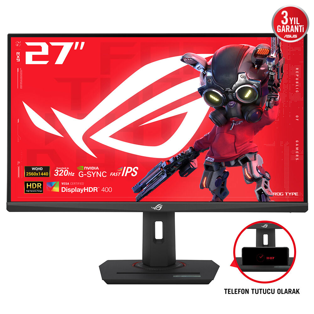 ASUS ROG STRIX XG27ACMS 27 GAMING FAST IPS FreeSync VE G-SYNC UYUMLU HDR 2K 2560x1440 0.3ms 320HZ 350cd DP HDMI USB-C YOK VESA 3YIL ELMB HDR PİVOT USB-C PD15W MONİTÖR - 2