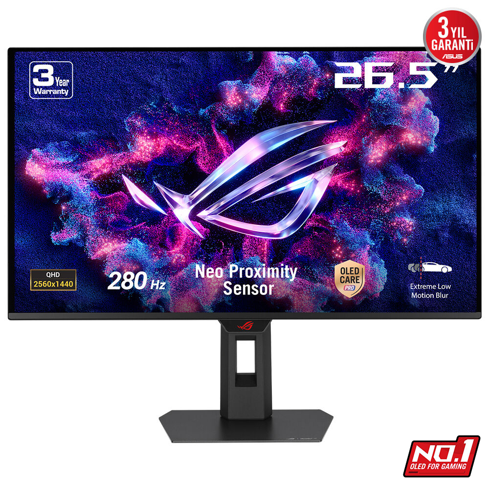 ASUS ROG STRIX XG27ACDMS 26.5 QD-OLED 2560x1440 0.03ms 280Hz 250cd DP HDMI USB-C YOK VESA 3YIL ELMB HDR 400 TRUE BLACK PİVOT YAKINLIK SENSÖRÜ(NEO PROXIMITY SENSOR) %99 DCI-P3 10BİT USB-C PD15W MONİTÖR
