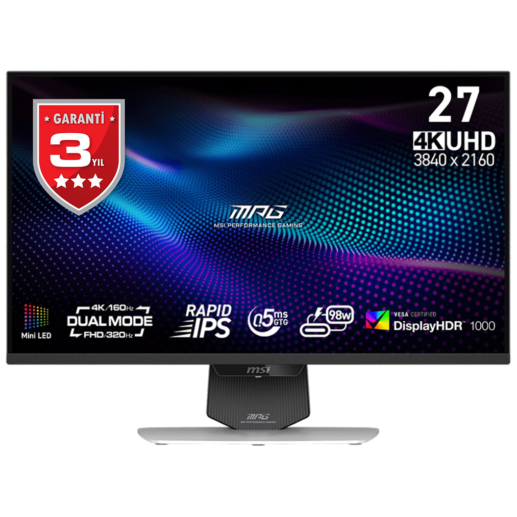 MSI 27 MPG 274URDFW E16M 3840x2160 (UHD) 16:9 FLAT RAPID IPS MINI LED UHD 160HZ FHD 320HZ 0.5MS (Min.) ADAPTIVE-SYNC PIVOT BEYAZ GAMING MONITOR
