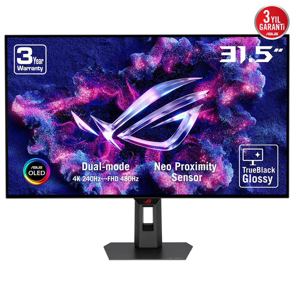 ASUS ROG STRIX XG32UCWMG 31.5 OLED GAMING DUAL MODE 3840x2160 0.03ms 4K -240Hz/ FHD-480Hz 1300cd DP HDMI USB YOK VESA 3YIL YAKINLIK SENSÖRÜ(NEO PROXIMITY SENSOR) HDR 400 TRUE BLACK GLOSSY YÜKSEKLİK AYARLI MONİTÖR