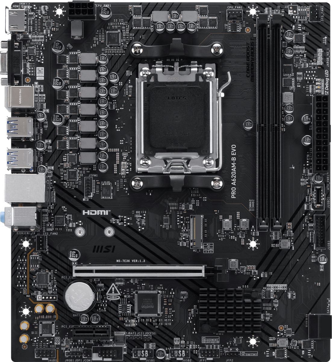 MSI MB PRO A620AM-B EVO AM5 DDR5 6800MHZ(OC) ARGB HDMI VGA M.2 USB3.2 JARGB_V2 MATX