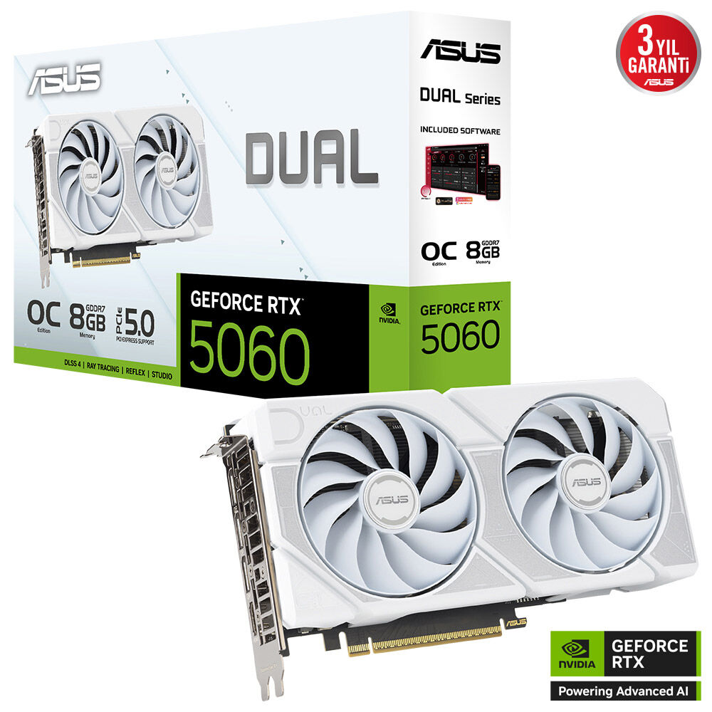 ASUS VGA DUAL-RTX5060-O8G-WHITE GDDR7-128bit--OC-HDMI-3xDP-DLSS3 EKRAN KARTI - 8