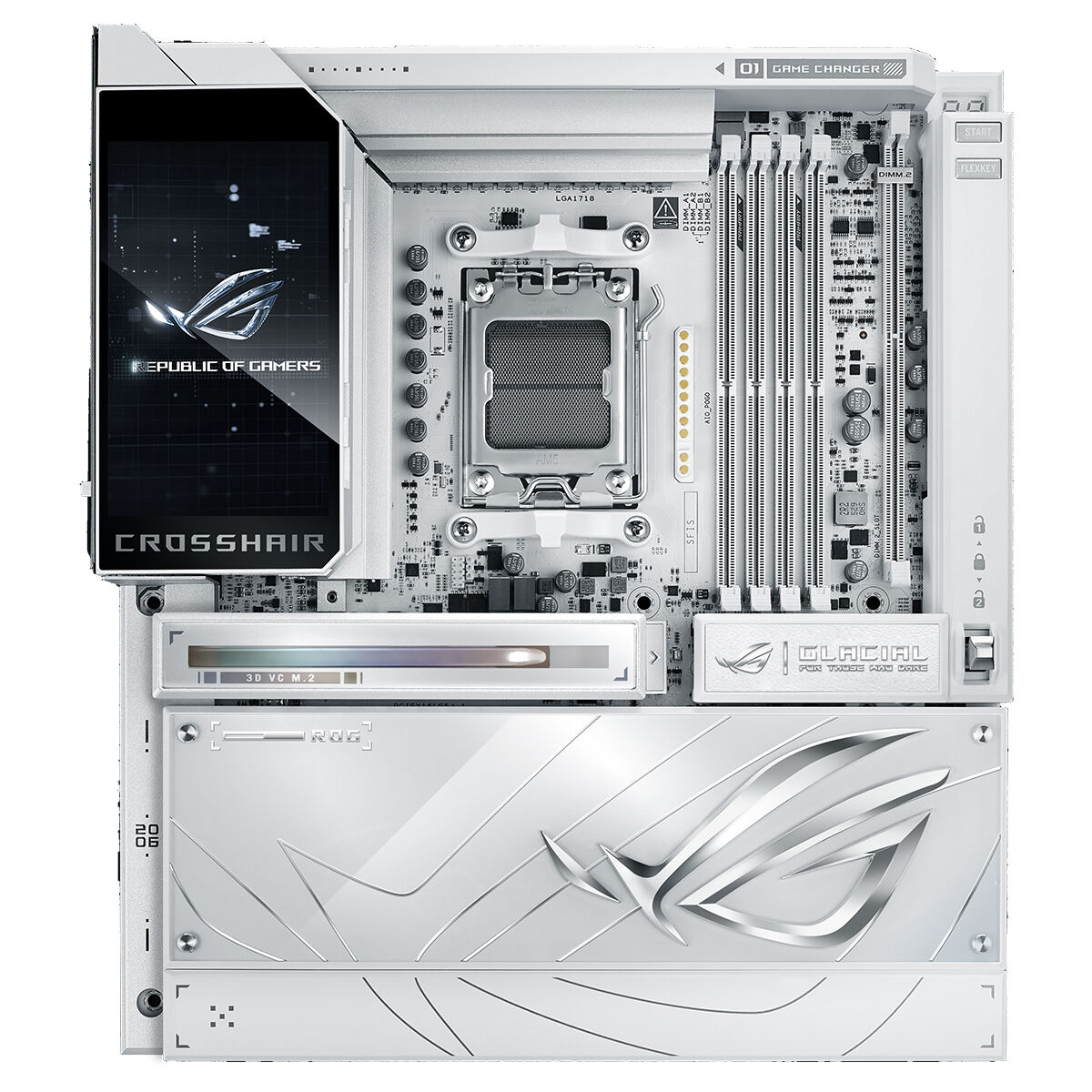 ASUS ROG CROSSHAIR X870E GLACIAL AMD X870E AM5 DDR5 9200 2XUSB4 7X M2 USB3.2 WİFİ 7 + BT AURA RGB 2 X 10GBİT LAN EATX 24+2+2 GÜÇ AŞAMALARI USB 20GBPS PD/QC4+ İLE 60W A KADAR USB ÇIKIŞI ROG HYPER M.2 KART ROG Q-DIMM.2 - 4