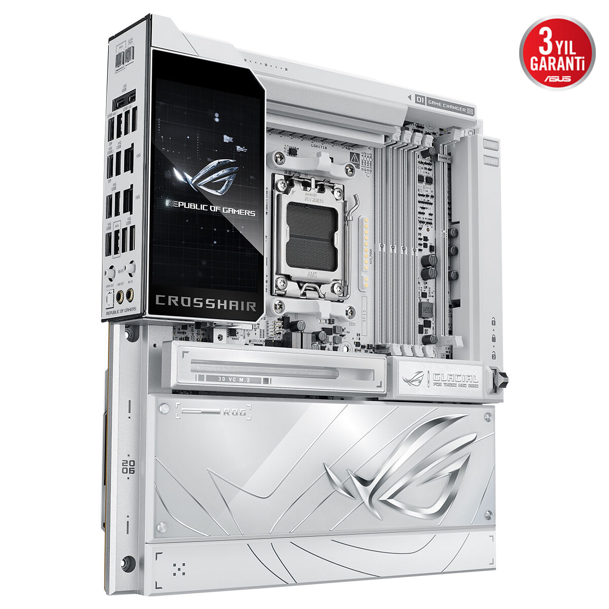 ASUS ROG CROSSHAIR X870E GLACIAL AMD X870E AM5 DDR5 9200 2XUSB4 7X M2 USB3.2 WİFİ 7 + BT AURA RGB 2 X 10GBİT LAN EATX 24+2+2 GÜÇ AŞAMALARI USB 20GBPS PD/QC4+ İLE 60W A KADAR USB ÇIKIŞI ROG HYPER M.2 KART ROG Q-DIMM.2 - 5