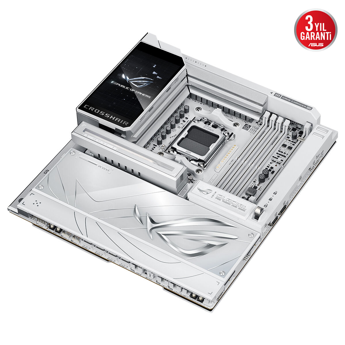 ASUS ROG CROSSHAIR X870E GLACIAL AMD X870E AM5 DDR5 9200 2XUSB4 7X M2 USB3.2 WİFİ 7 + BT AURA RGB 2 X 10GBİT LAN EATX 24+2+2 GÜÇ AŞAMALARI USB 20GBPS PD/QC4+ İLE 60W A KADAR USB ÇIKIŞI ROG HYPER M.2 KART ROG Q-DIMM.2 - 7