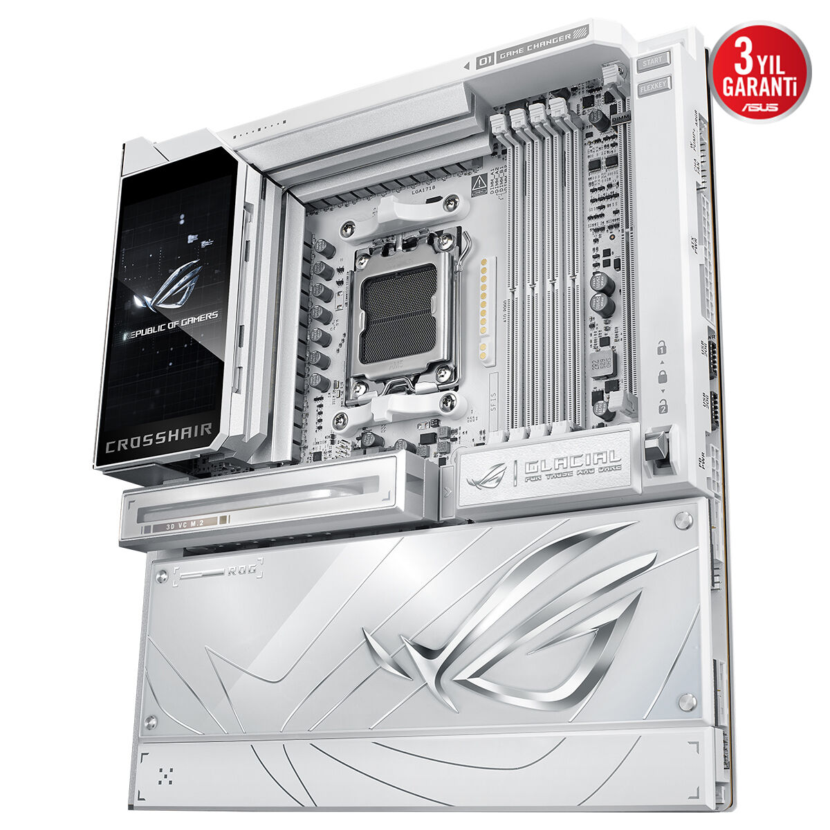 ASUS ROG CROSSHAIR X870E GLACIAL AMD X870E AM5 DDR5 9200 2XUSB4 7X M2 USB3.2 WİFİ 7 + BT AURA RGB 2 X 10GBİT LAN EATX 24+2+2 GÜÇ AŞAMALARI USB 20GBPS PD/QC4+ İLE 60W A KADAR USB ÇIKIŞI ROG HYPER M.2 KART ROG Q-DIMM.2 - 8