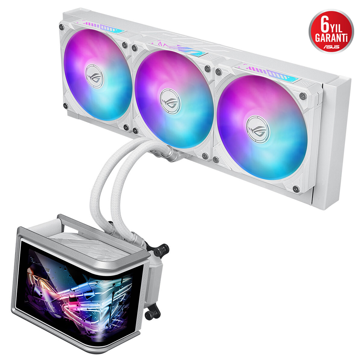 ASUS ROG RYUO IV 360 ARGB HAREKETLİ KAVİSLİ 6 67 INCH AMOLED EKRAN 3D EFEKTLİ VİDEO VE SİSTEM BİLGİLERİ ASETEK EMMA GEN8 V2 POMPA VE AURA EDGE AYDINLATMALI ÖN TAKILI ARGB FANLAR 6 YIL GARANTİ BEYAZ - 3