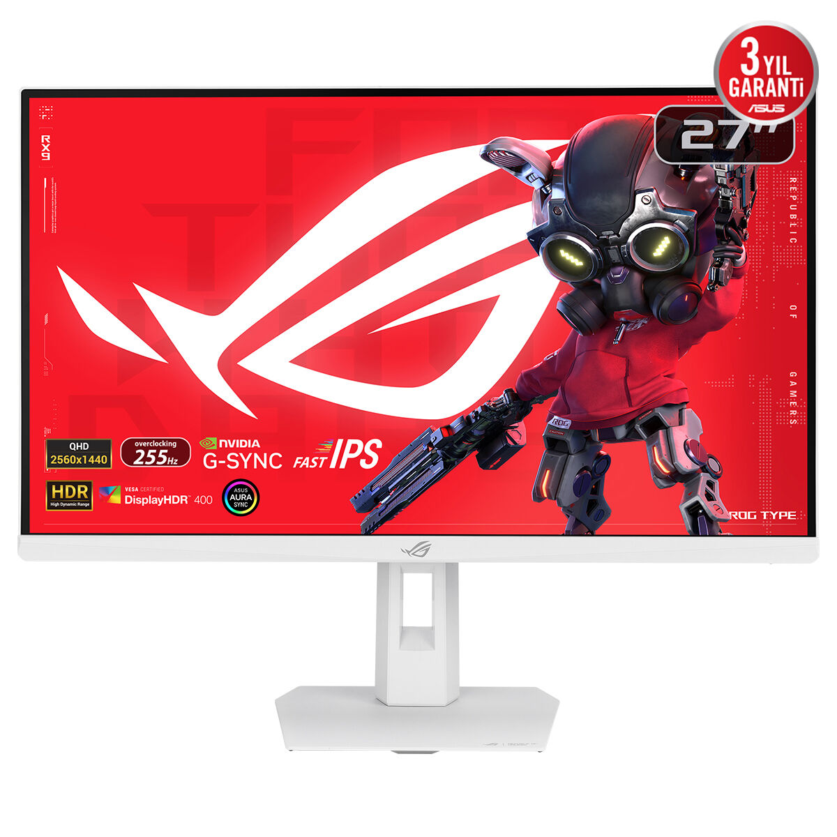 ASUS ROG STRIX XG27ACMES-W 27 GAMING BEYAZ FAST IPS 2K FREESYNC VE G-SYNC UYUMLU 2560x1440 0.3ms 255Hz 350cd DP HDMI USB-C YOK VESA 3YIL ELMB HDR 400 PİVOT USB-C PD15W MONİTÖR - 2