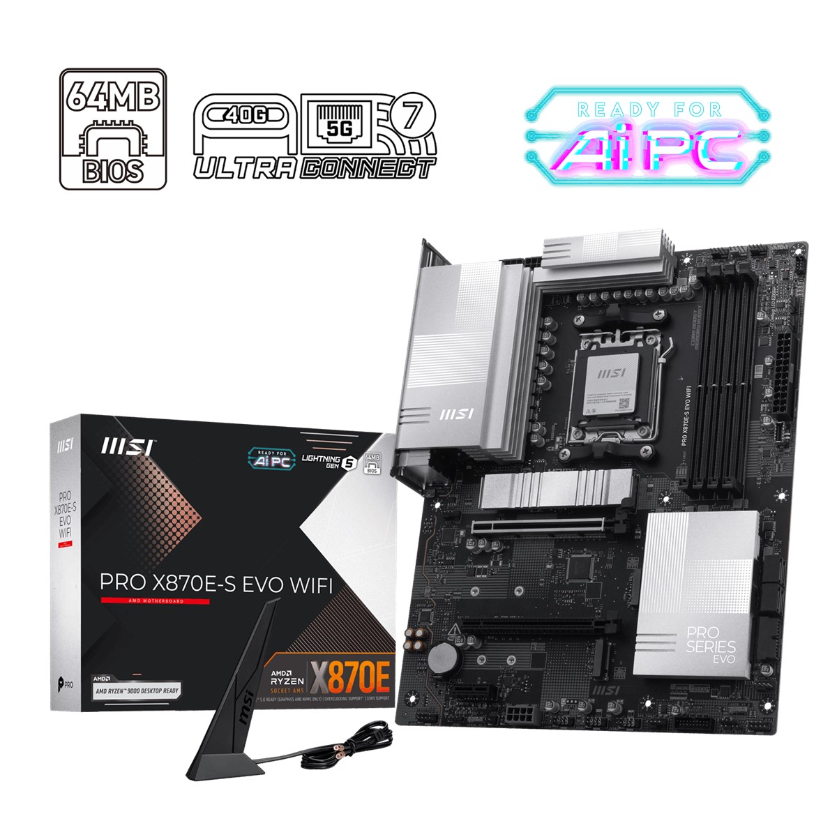 MSI MB PRO X870E-S EVO WIFI AM5 DDR5 8200MHZ(OC) 3x M.2 USB 40Gbps Type-C DP HDMI 5G LAN WIFI 7 RGB ATX
