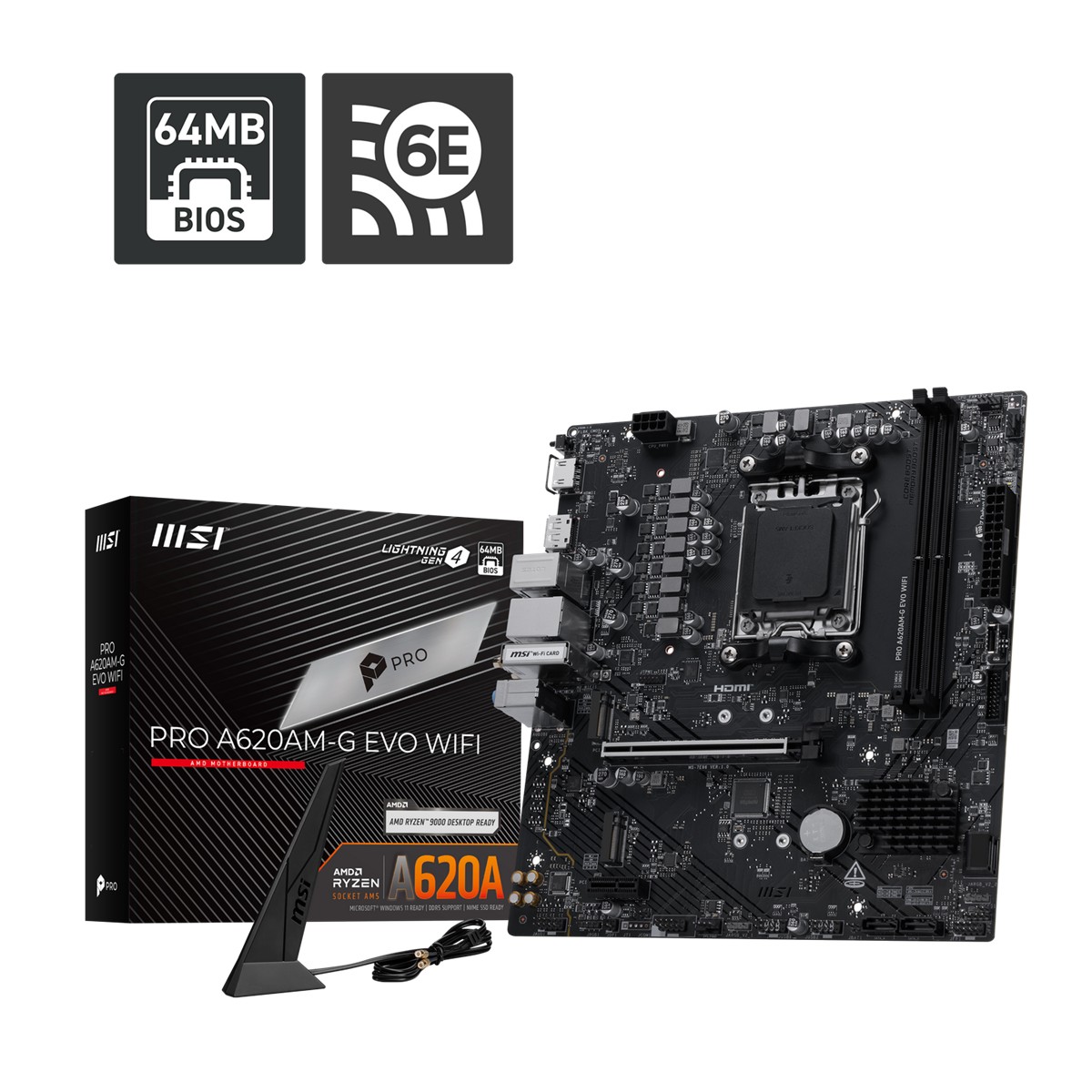 MSI PRO A620AM-G EVO WIFI AM5 DDR5 7200MHZ(OC) ARGB HDMI VGA 2XM.2 USB 5 GBPS 2.5G LAN WIFI 6E MATX