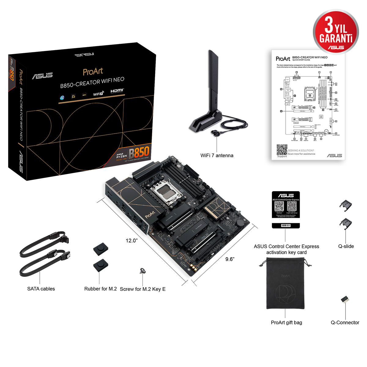 ASUS PROART B850-CREATOR WIFI NEO AMD B850 AM5 DDR5 9000 DP HDMI Type-C 3x M2 USB3.2 WiFi 7 + BT AURA RGB 2x5Gbit LAN ATX 14+2+1 Güç Aşamaları, 3xGen5 M.2, ProArt Creator Hub - 2