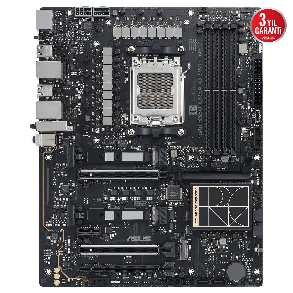 ASUS PROART B850-CREATOR WIFI NEO AMD B850 AM5 DDR5 9000 DP HDMI Type-C 3x M2 USB3.2 WiFi 7 + BT AURA RGB 2x5Gbit LAN ATX 14+2+1 Güç Aşamaları, 3xGen5 M.2, ProArt Creator Hub - 7